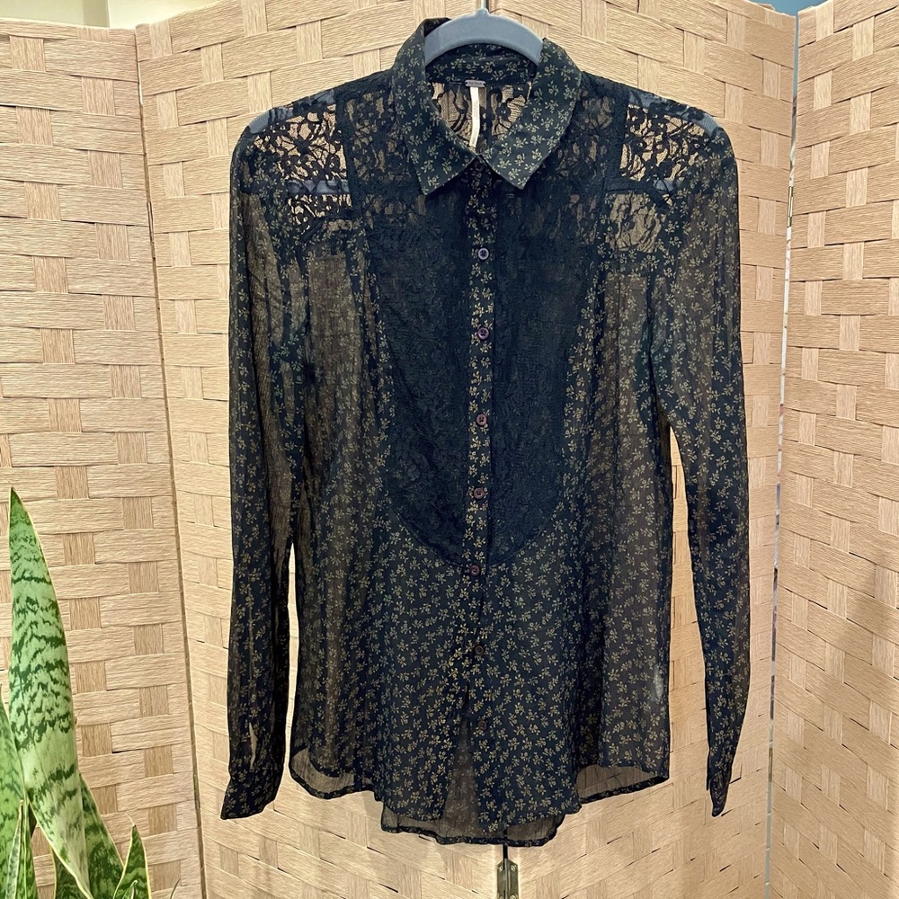 Free People Sheer Black Lace Blouse